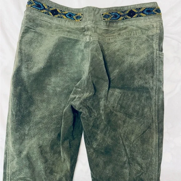 Green Flared Women's Leather Pants - Picture 4 of 7